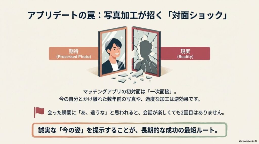 鏡に映る理想の姿と、割れた鏡に映る現実の対比イラスト。過度な写真加工が初対面での落胆を招き、2回目を遠ざけるリスクについての解説。