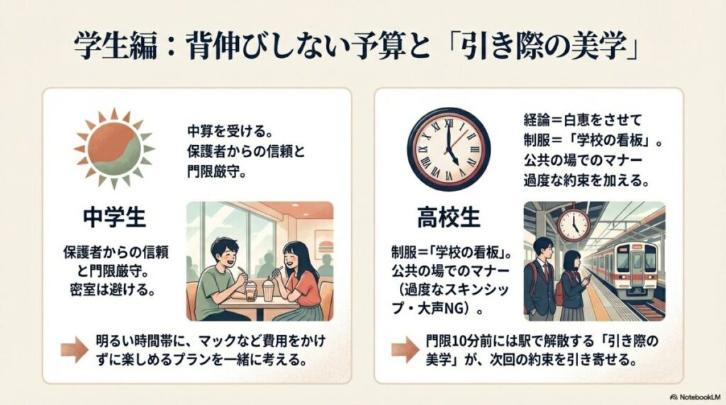 中学生・高校生向けのデート指針。明るい時間帯のカフェデート、制服時の公共マナー、門限10分前の解散など、信頼を築くための引き際の美学の解説。