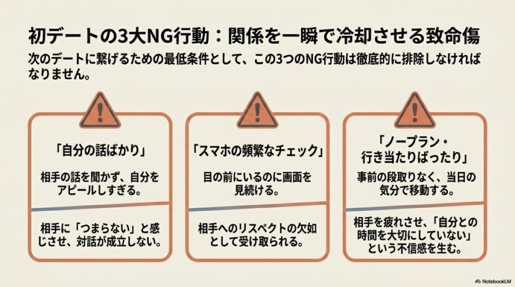自分の話ばかり・スマホチェック・ノープランという初デートの3大NG行動