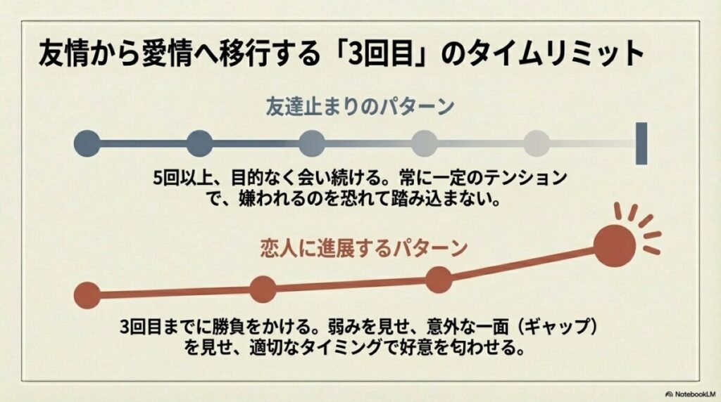 5回以上ダラダラ会う「友達止まりパターン」と、3回目までに勝負をかける「恋人進展パターン」の戦略的な違いを比較した表。
