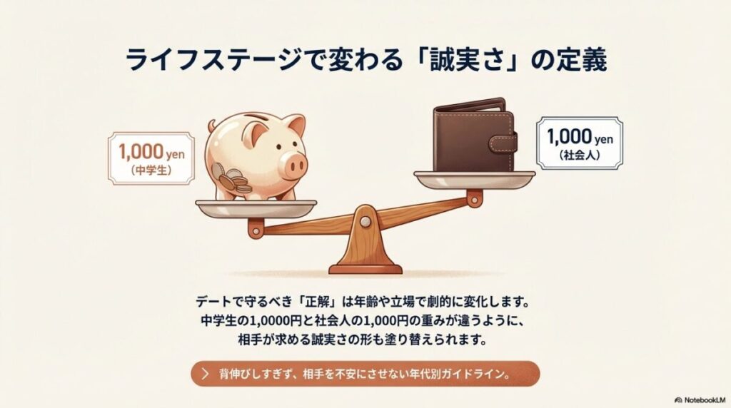 天秤に乗った「中学生の1,000円」と「社会人の1,000円」のイラスト。年齢や立場によって相手が求める誠実さの形が変わることを示す概念図。