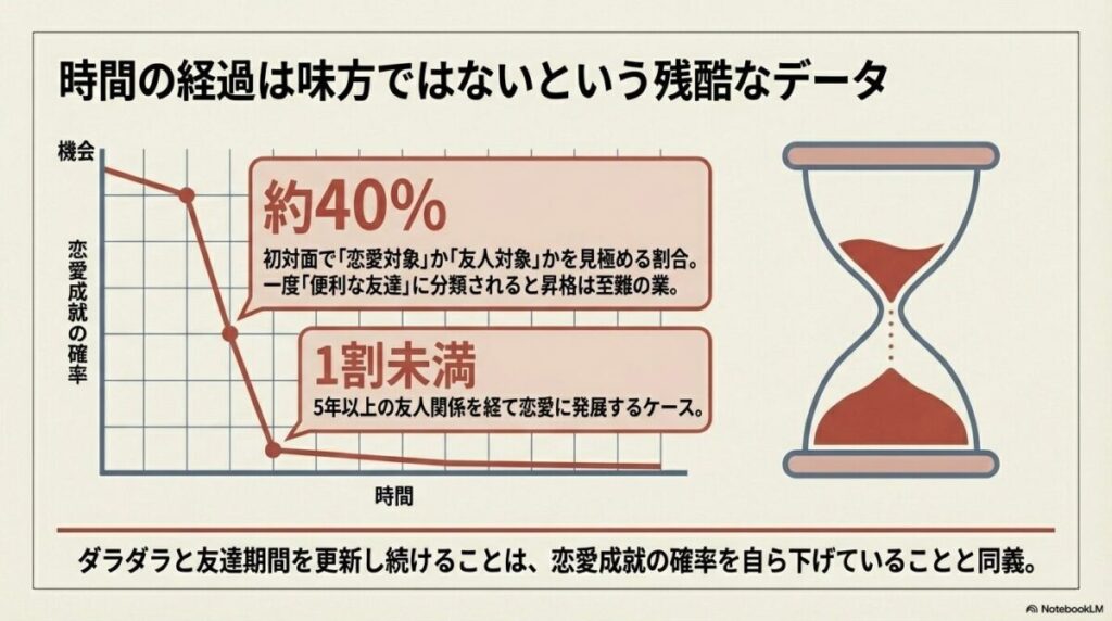 初対面で40%が恋愛対象か判断すること、5年以上の友人関係からの進展は1割未満であることを示す、時間と確率の残酷な関係データ。