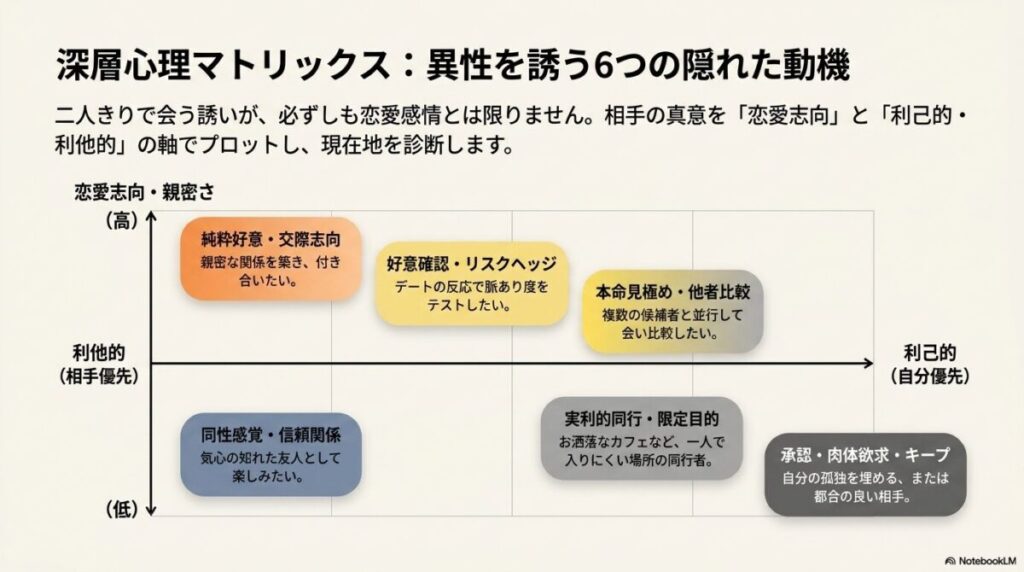 純粋好意やリスクヘッジなど、異性を二人きりで誘う6つの動機の分類図