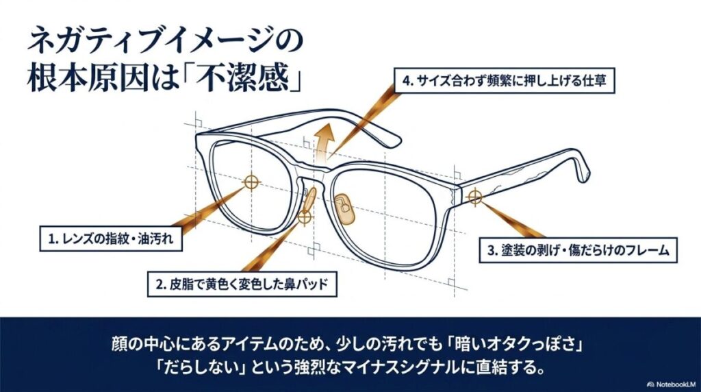 レンズの指紋、鼻パッドの黄ばみ、塗装の剥げといった、メガネ男子が「だらしない」と思われる原因を視覚的に解説した図解スライド