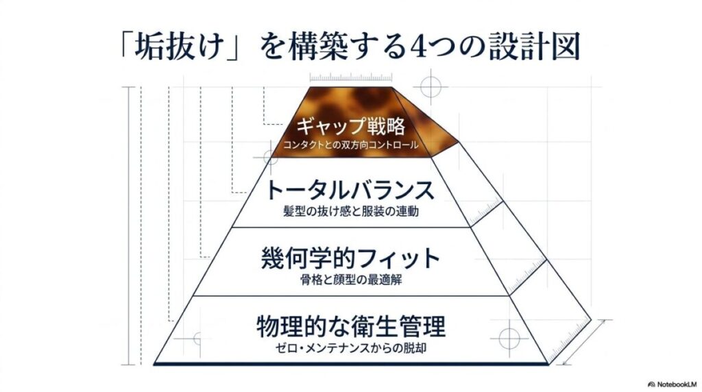 衛生管理、フィット、バランス、ギャップ戦略の4層からなるピラミッド構造の図解