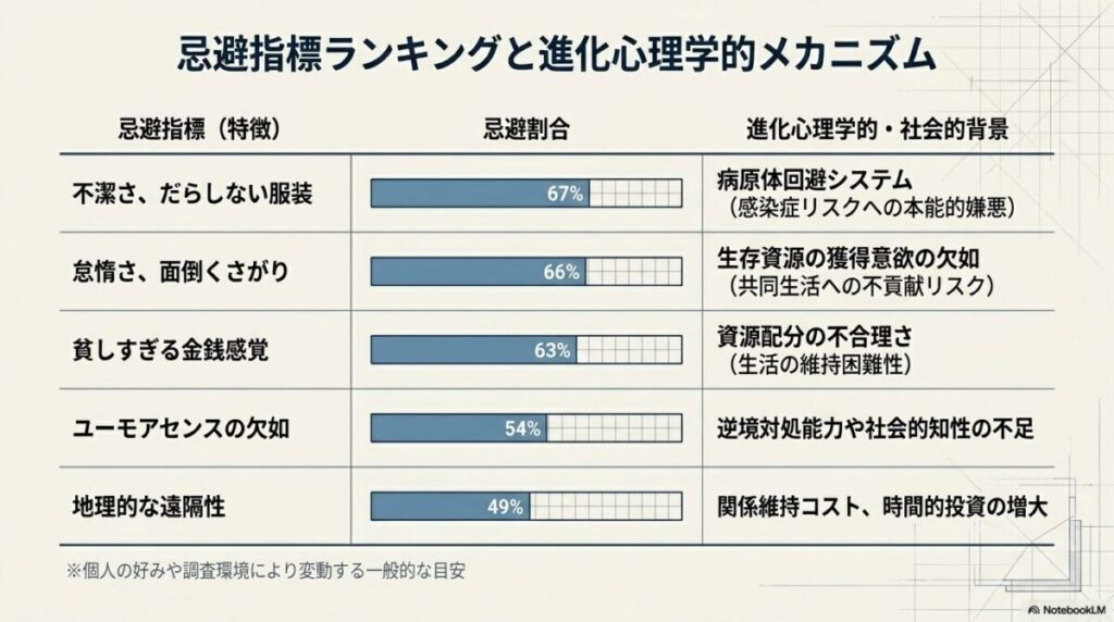 女性が男性を除外する忌避指標ランキングの比較表