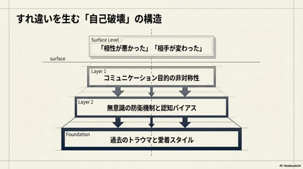 表面的な相性から深層のトラウマまでを4つのレイヤーで解説した図。