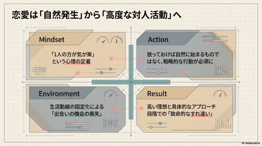 現代の恋愛が自然な出会いから戦略的なコミュニケーション活動へ変化したことを示す図