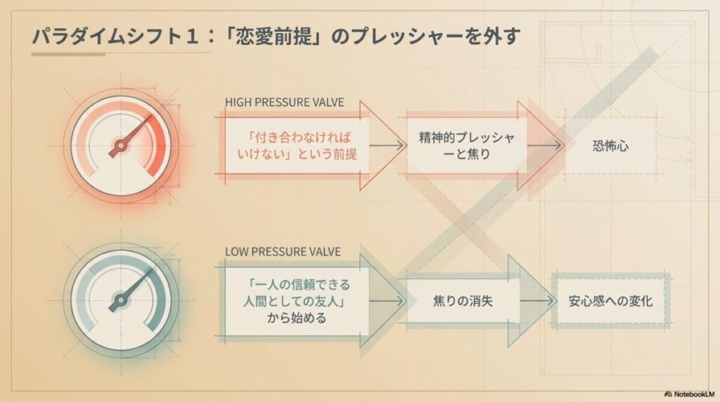 恋愛に対する過剰な期待や義務感を軽減するための思考転換を示した図