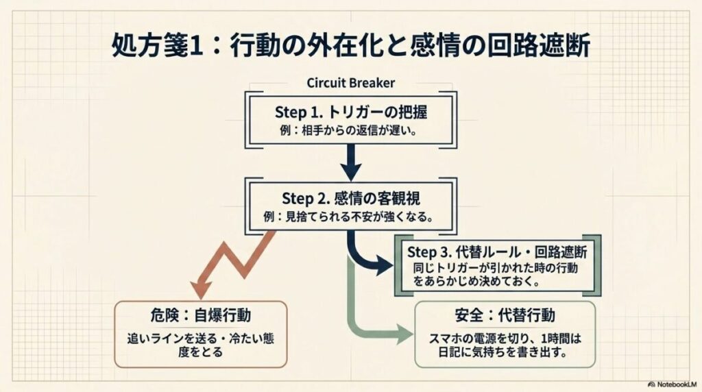 トリガーの把握から代替ルールの実行までを3ステップで示す図。