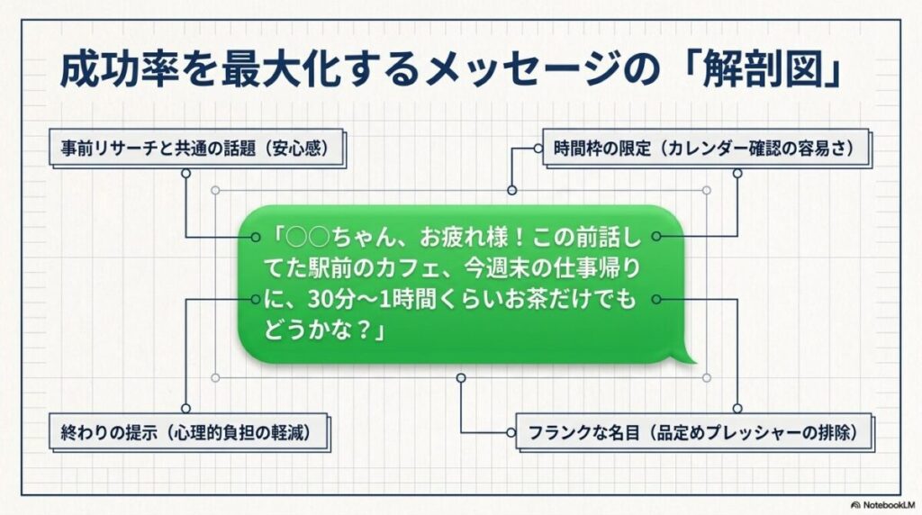 スマートフォンに表示されたお誘いLINEの例文。共通の話題、時間枠の限定、終わりの提示など、心理的負担を減らす4要素の解説図。