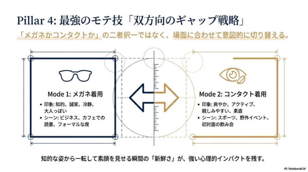 メガネ(知的・誠実)とコンタクト(爽やか・活動的)の使い分けによる印象操作の解説