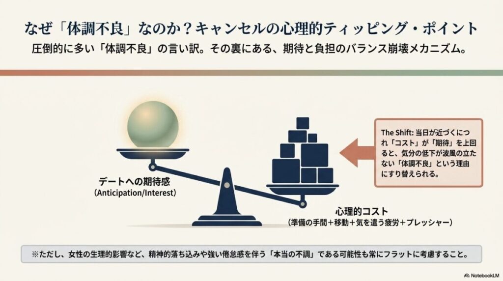相手の体調不良の訴えに対し、肯定・信頼・余裕の3ステップで返信し、相手に「ポジティブな負債(次は返さなきゃという気持ち)」を抱かせるメカニズムを解説したスライド。