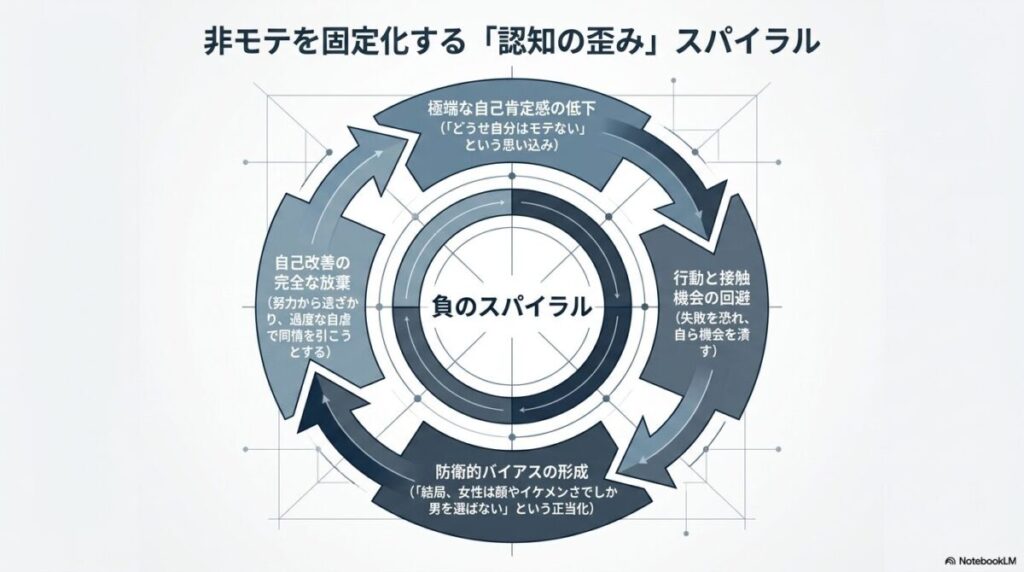 自己肯定感の低下から自己改善の放棄へとつながる負のスパイラル図
