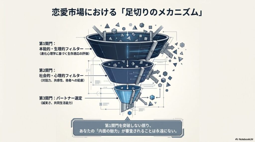 恋愛市場における3つの足切り関門を示した図