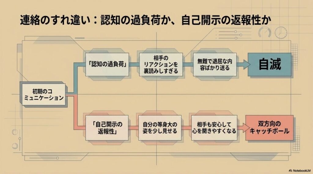 LINEや連絡頻度の解釈違いによって発生する恋愛初期のすれ違いを示したフローチャート