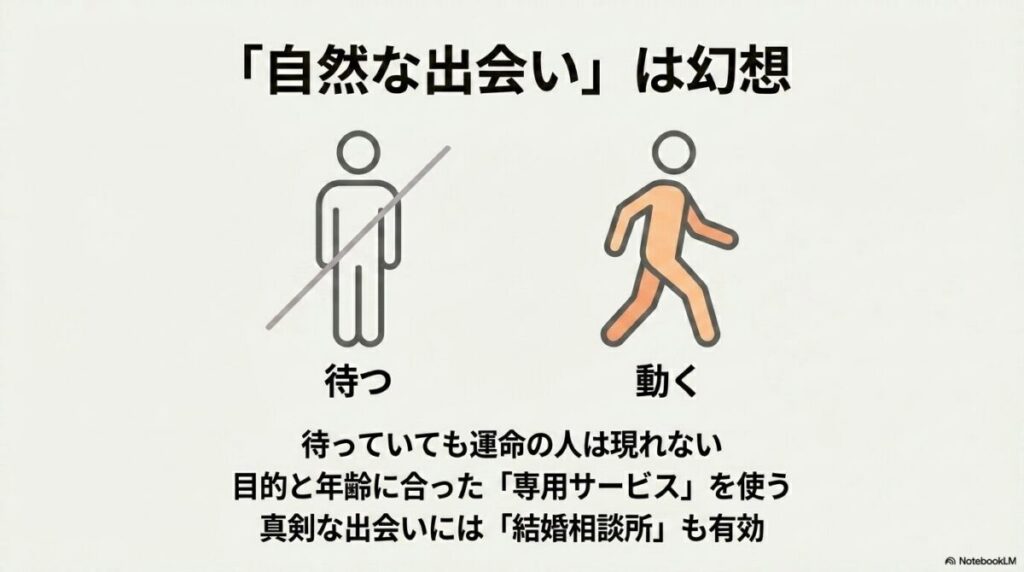 待つだけの自然な出会いは幻想であると指摘し、待っていても運命の人は現れないため、目的と年齢に合った専用サービスや結婚相談所を使って自ら動くことの重要性を説くスライド画像