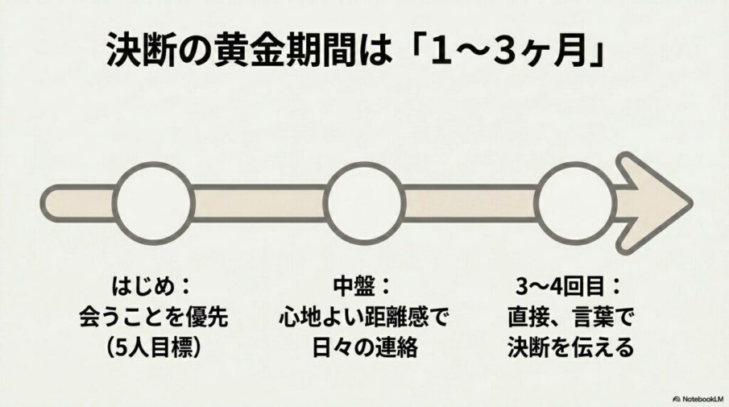 決断の黄金期間は1〜3ヶ月とし、はじめは会うことを優先して5人を目標にし、中盤は心地よい距離感で日々の連絡を取り、3〜4回目のデートで直接言葉で決断を伝えるというステップをまとめたスライド画像