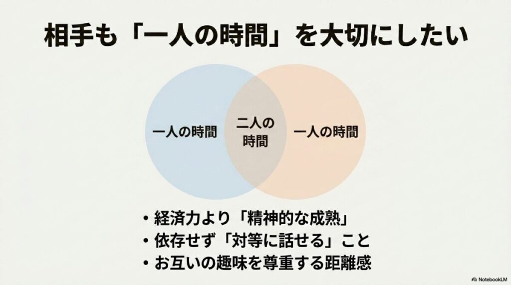相手も「一人の時間」を大切にしたいという図解。経済力より精神的な成熟を求め、依存せず対等に話せることや、お互いの趣味を尊重する距離感が重要であることを示すスライド画像