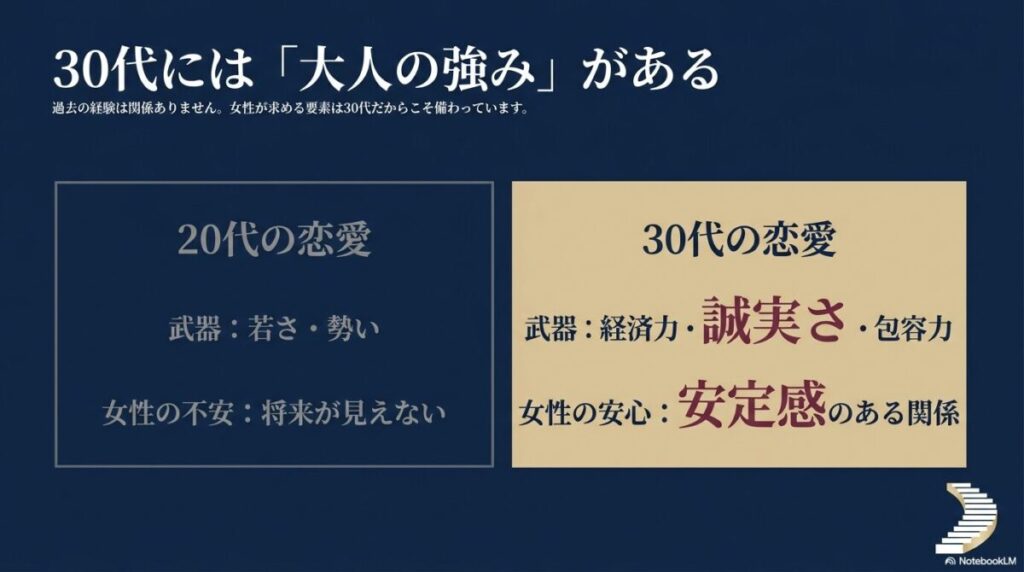 30代には経済力、誠実さ、包容力といった女性に安心感を与える大人の強みがある