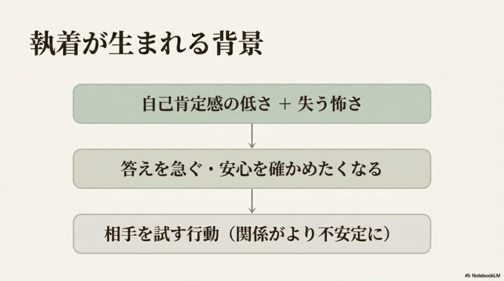 恋愛の執着が生まれる流れを示した図。自己肯定感の低さや失う怖さから不安が強まり、相手を試す行動につながる様子を説明している。