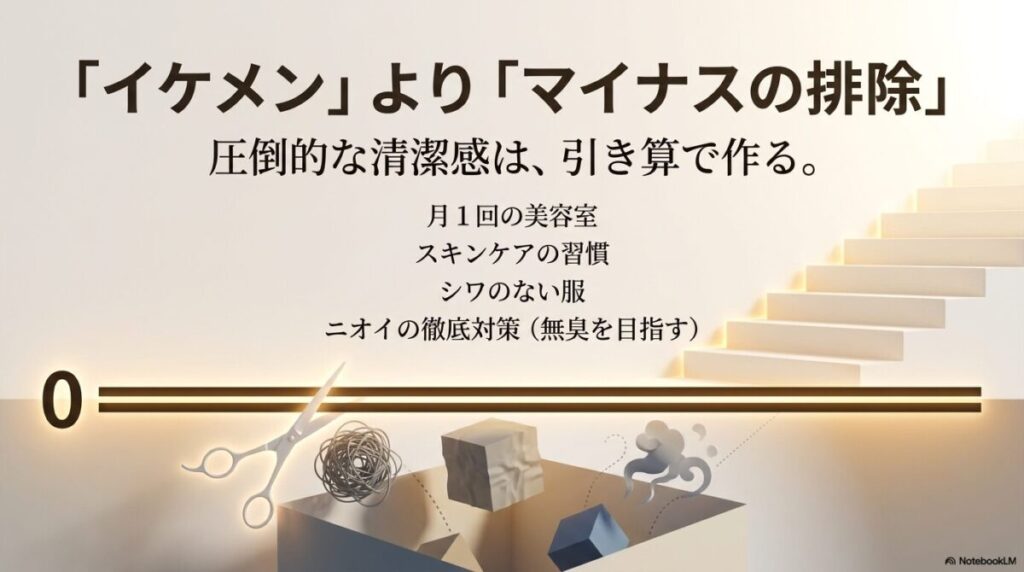 イケメンになる努力よりもマイナスの排除が重要。月1回の美容室、スキンケア、シワのない服、徹底したニオイ対策で圧倒的な清潔感を引き算で作ります。