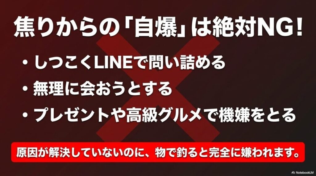 焦りからの自爆は絶対NG。しつこくLINEで問い詰める、無理に会おうとする、プレゼントで機嫌を取るなど、原因が解決していないのに物で釣る行動が逆効果であることを説明したスライド。