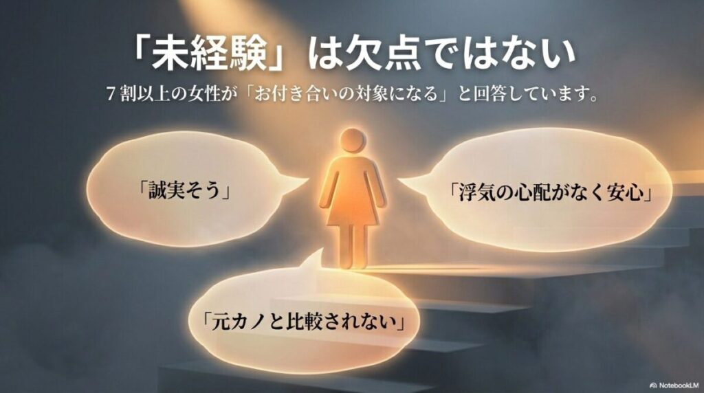 交際未経験は欠点ではありません。7割以上の女性が対象になると回答しており、誠実さや浮気の心配がないなどの好印象を抱くこともあります。