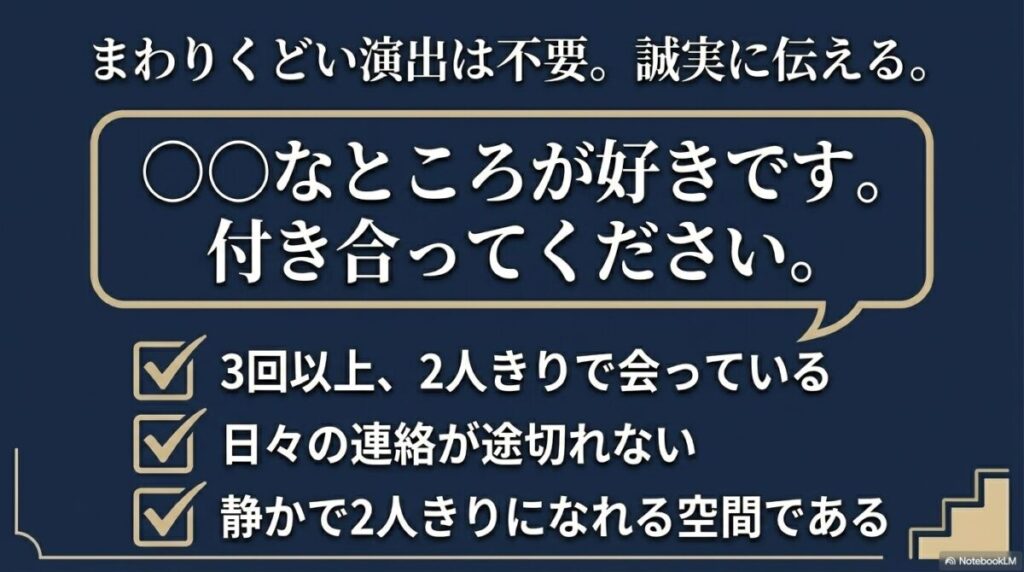 まわりくどい演出は避け、3回以上会った後など適切なタイミングで静かな空間で誠実に告白する