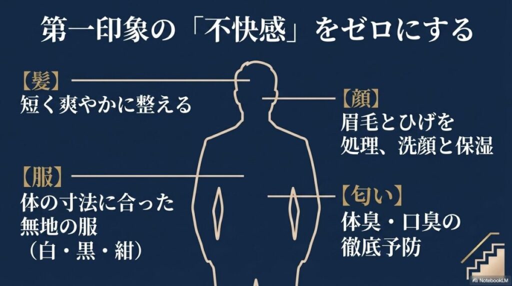 第一印象の不快感をゼロにするため、髪・服・顔・匂いを整える具体的なポイント