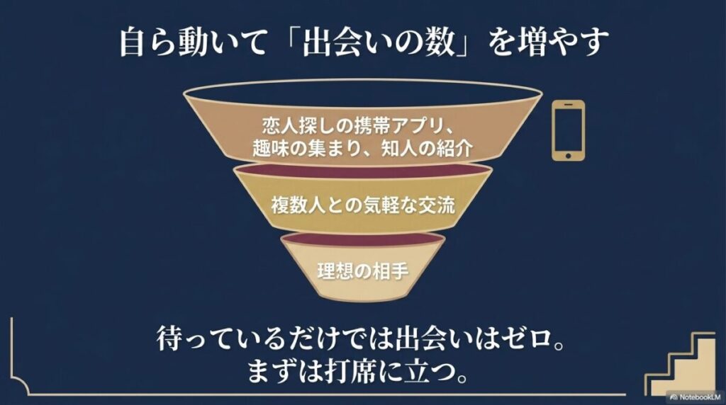 待っているだけでは出会いはゼロであり、アプリや趣味の集まりを通じて出会いの数を増やす