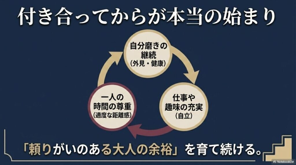 自分磨きの継続や一人の時間の尊重などを通じて、頼りがいのある大人の余裕を育て続ける