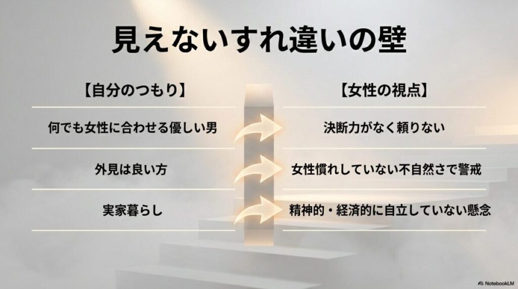 男女の見えないすれ違いの壁。優しいつもりが頼りなく見えたり、外見の良さや実家暮らしが警戒や懸念に繋がることがあります。