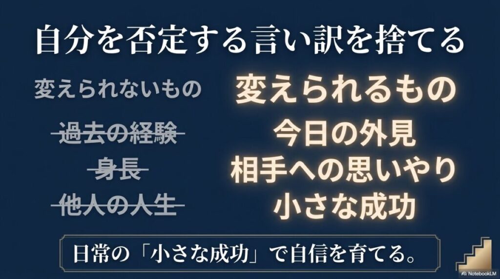 自分を否定する言い訳を捨て、過去や身長など変えられないものではなく、外見や思いやりなど変えられるものに集中する