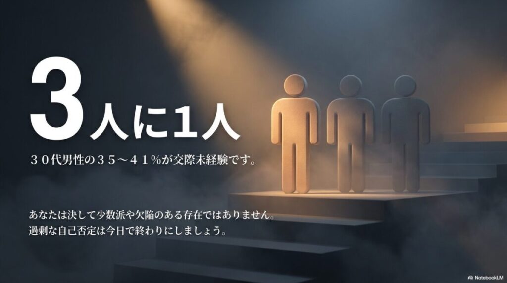 30代男性の35〜41%が交際未経験。あなたは少数派でも欠陥があるわけでもありません。過剰な自己否定は今日で終わりにしましょう。