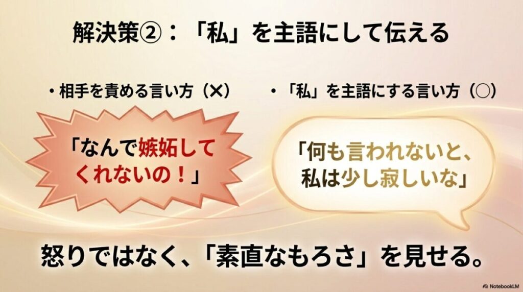相手を責めるのではなく「私」を主語にして素直な気持ちを伝える解決策
