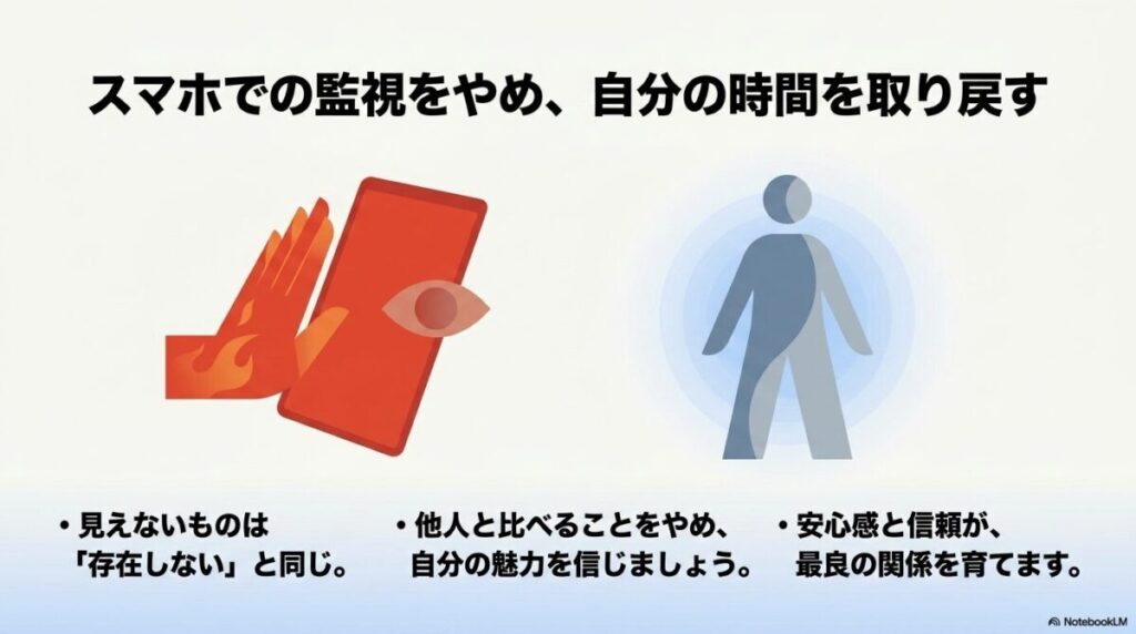 スマホでの監視をやめ、自分の時間を取り戻す。見えないものは「存在しない」と同じである。他人と比べることをやめ、自分の魅力を信じることが大切である。安心感と信頼が、最良の関係を育てる。