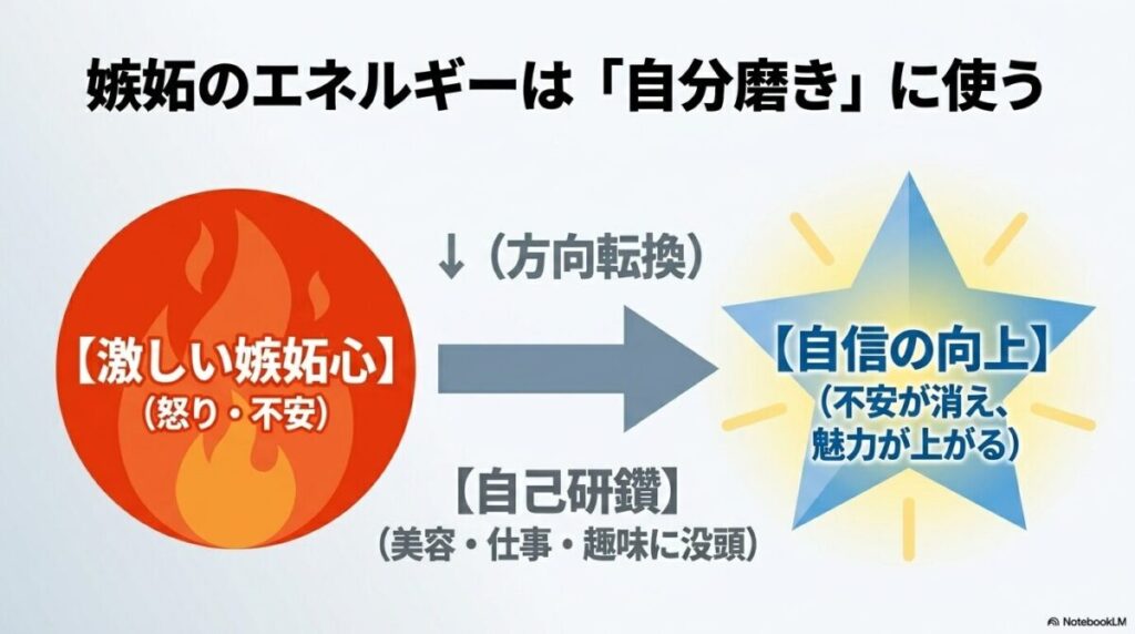 嫉妬のエネルギーは「自分磨き」に使う。激しい嫉妬心を美容や仕事などの自己研鑽へと方向転換し、自信の向上につなげる。
