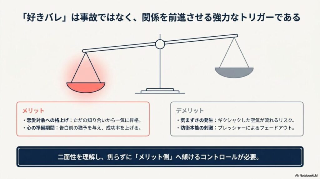 好きバレのメリット(恋愛対象への格上げなど)とデメリット(気まずさの発生など)を比較した天秤の図
