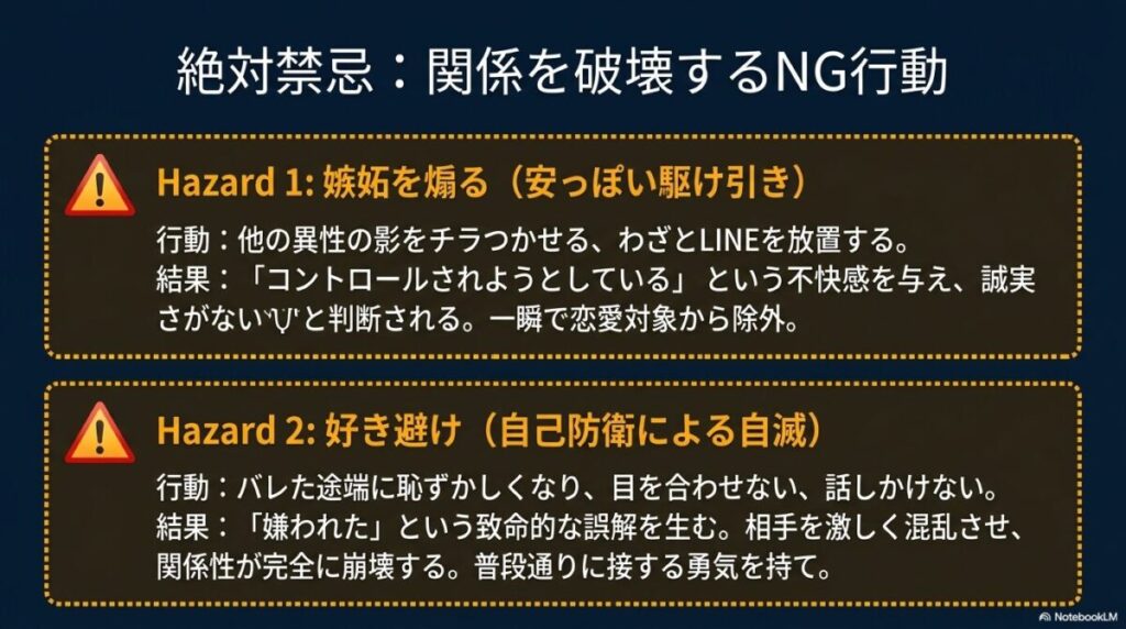 嫉妬を煽る駆け引きや好き避けなど、関係を破壊する絶対禁忌のNG行動