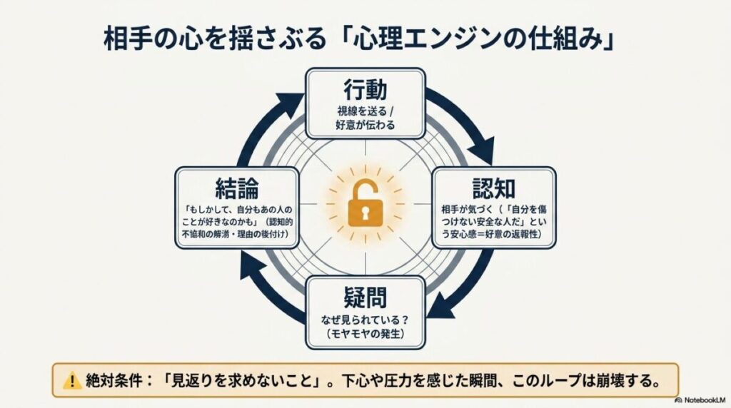 好意の返報性や認知的不協和など、相手の心を揺さぶる心理メカニズムの図解