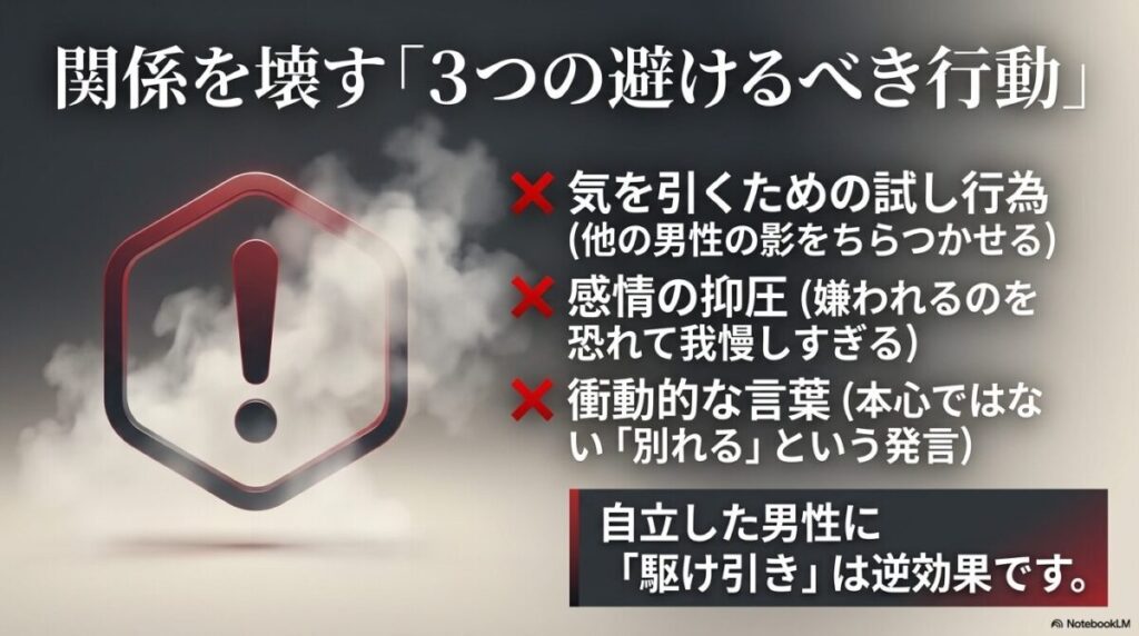試し行為、感情の抑圧、衝動的な言葉など、恋愛関係を壊す避けるべき行動