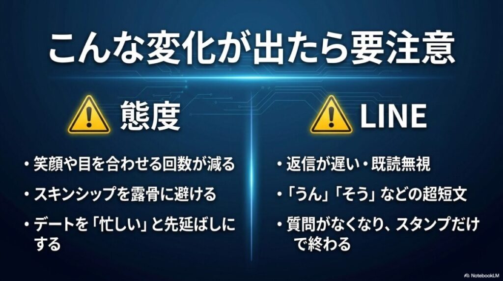彼女の態度やLINEに現れる危険な変化。笑顔が減る、スキンシップを避けるなどの態度や、返信が遅い、超短文、スタンプのみなどのLINEの変化に注意を促すスライド。