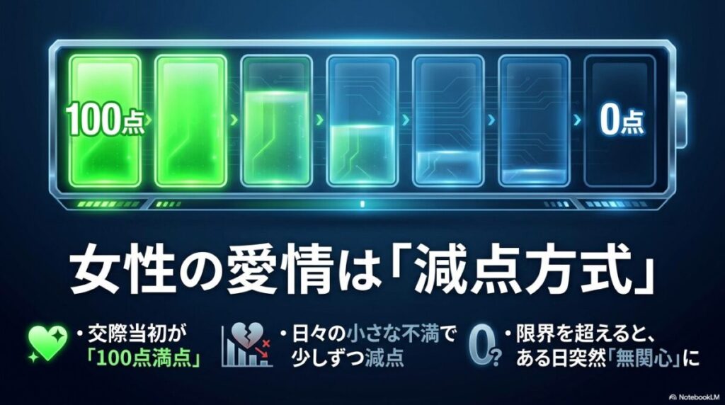女性の愛情は減点方式で冷めていくメカニズム。交際当初の100点満点から、日々の小さな不満で少しずつ減点され、限界を超えると無関心になることを示すスライド。