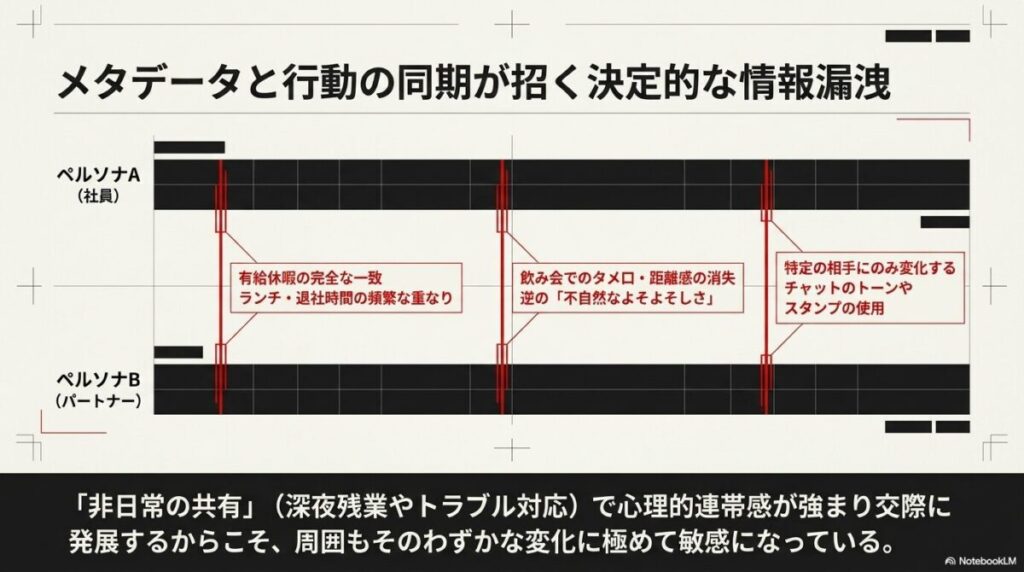 行動やメタデータから交際が発覚する仕組みを示した図