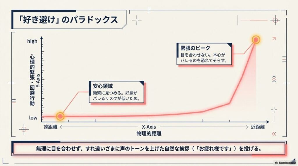 好意が強いほど近距離で緊張し視線を避ける心理をグラフで示した図。
