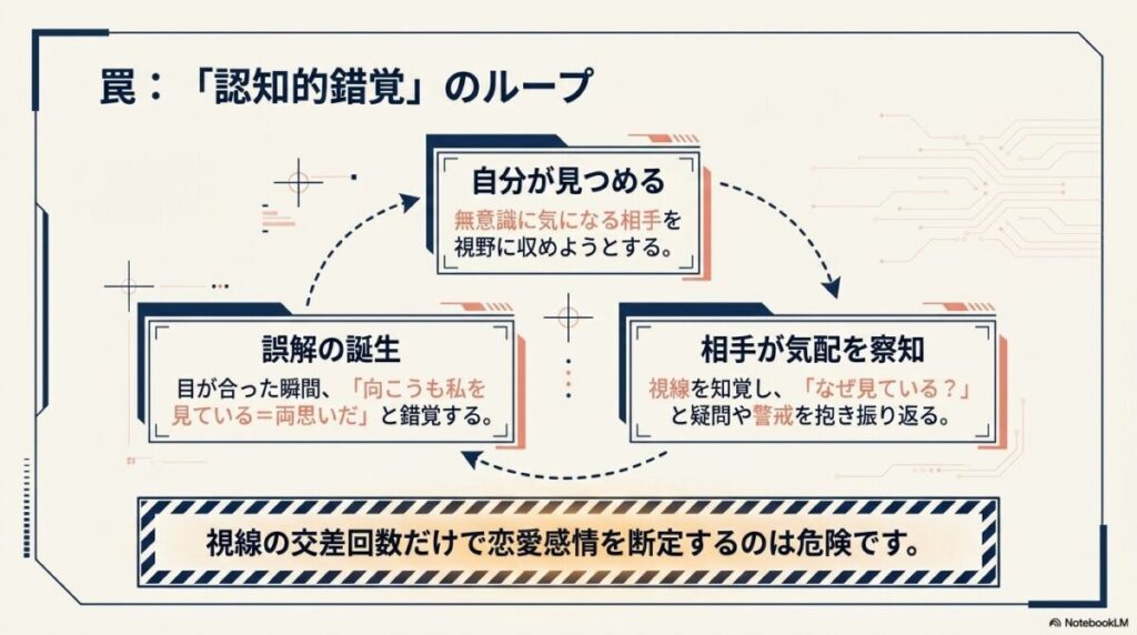 自分が相手を意識することで視線の交差を恋愛感情と誤認してしまう認知バイアスを説明する図。