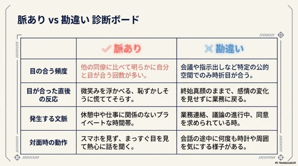 脈ありサインと偶然の視線を比較しながら判断するためのチェックリスト図。