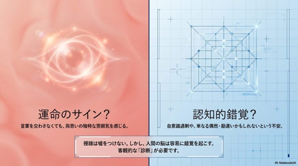 視線が重なる現象について、恋愛感情と認知的錯覚の両面から考察するイメージ図。