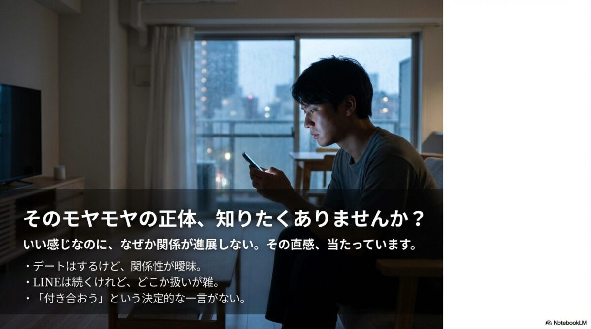 「そのモヤモヤの正体、知りたくありませんか？」という問いかけと、関係が進展しない悩みを表したスライド画像